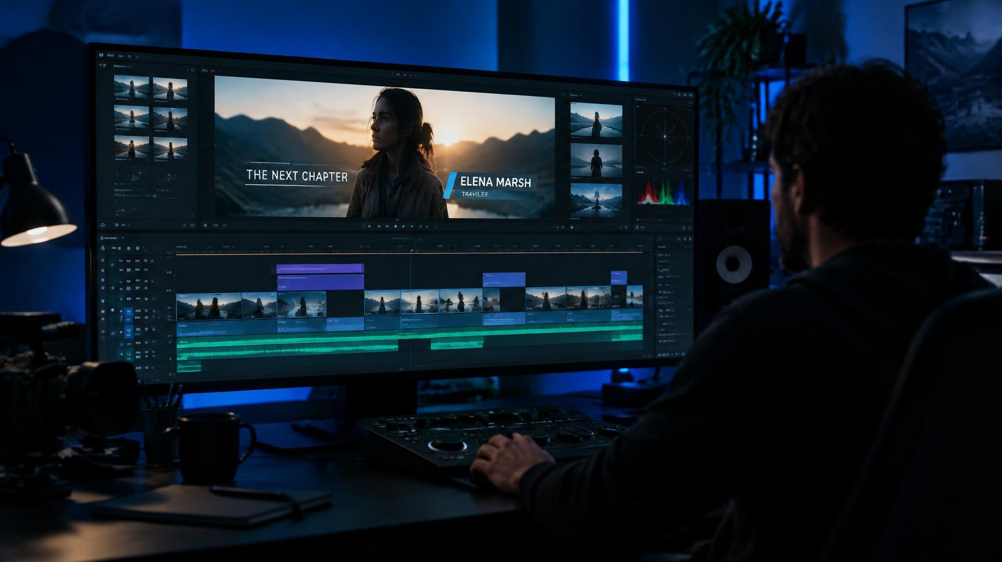 Video editor working on a film timeline in a dark studio