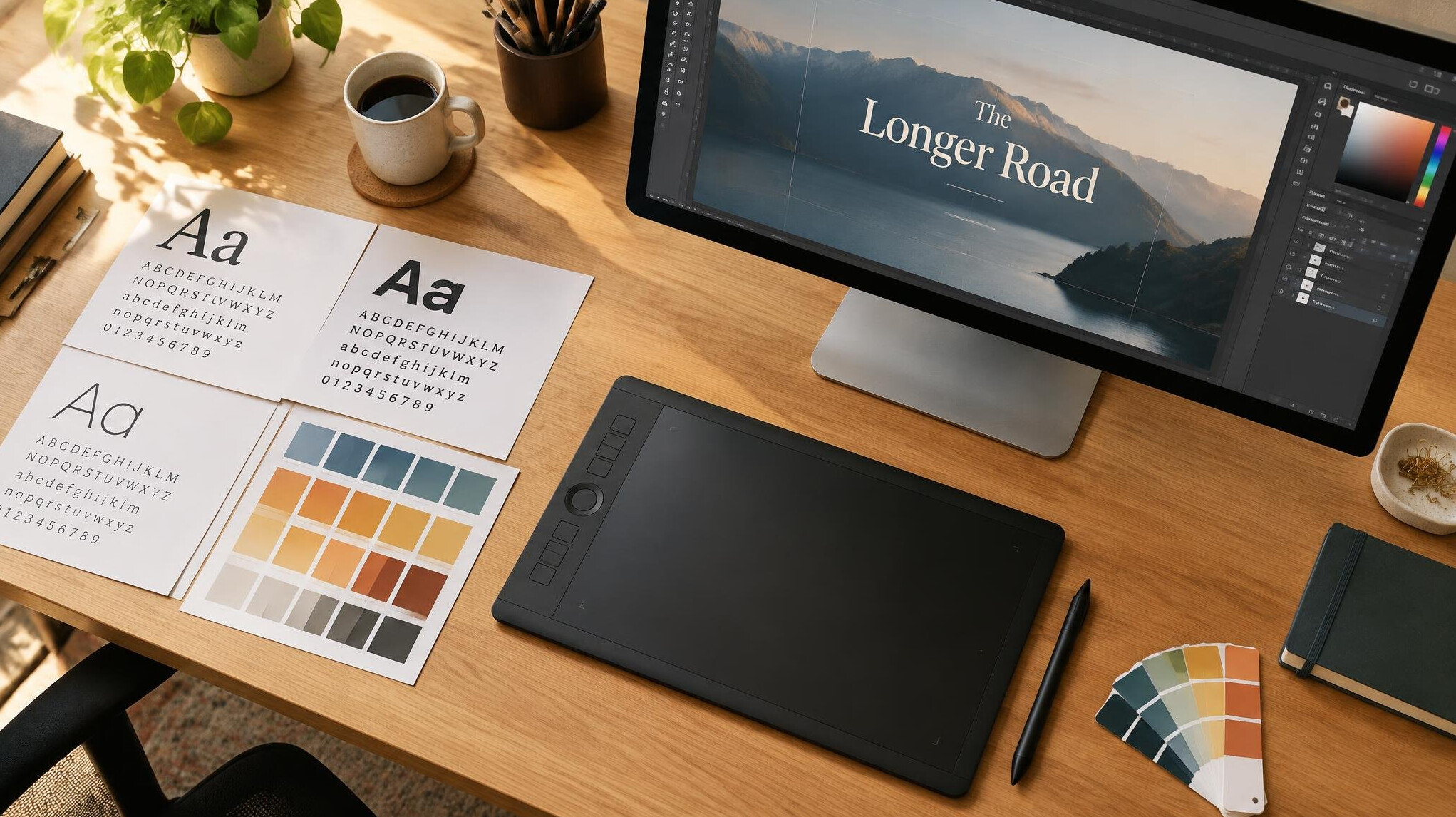 Graphic design workspace with typography samples and color swatches