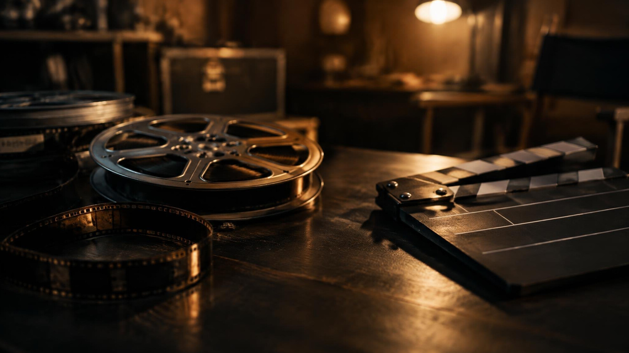 Film reel and cinema equipment in dim light