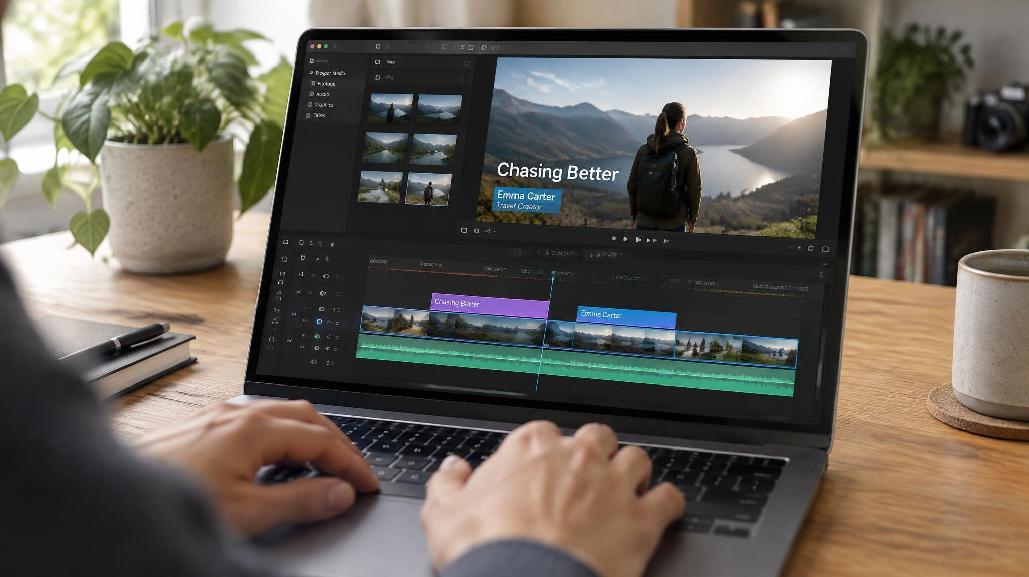Laptop on a desk showing editing software with graphic overlays